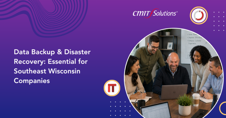 Team of five reviewing data backup and disaster recovery strategy around a laptop, on a purple gradient banner with company branding (Southeast Wisconsin focus).