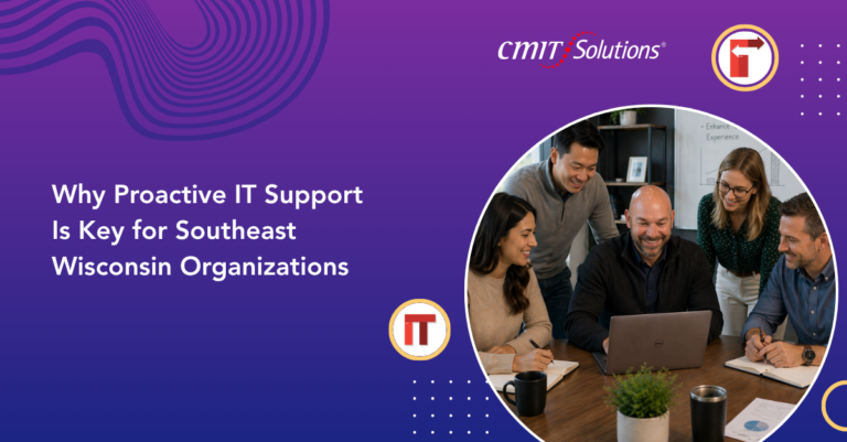 Banner image for an article: a team gathered around a laptop in a meeting, promoting proactive IT support for Southeast Wisconsin organizations.