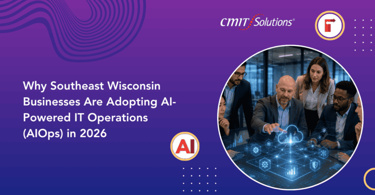 Team of professionals gathered around a glowing cloud and network diagram on a purple banner about AI-powered IT operations (AIOps) in 2026.