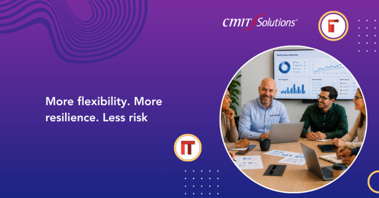 Group of diverse professionals smiling during a round-cropped team meeting, with charts on a screen in the background and CMIT Solutions branding nearby on a purple gradient banner.