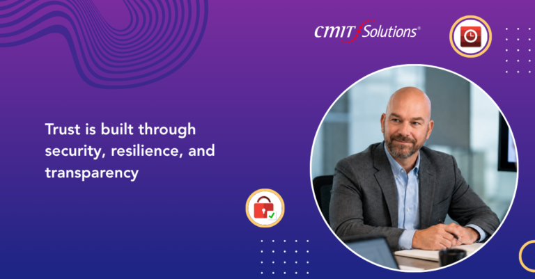 CMIT Solutions hero banner: purple gradient background, slogan about trust through security, resilience, and transparency, with a circular portrait of a man in a suit on the right.