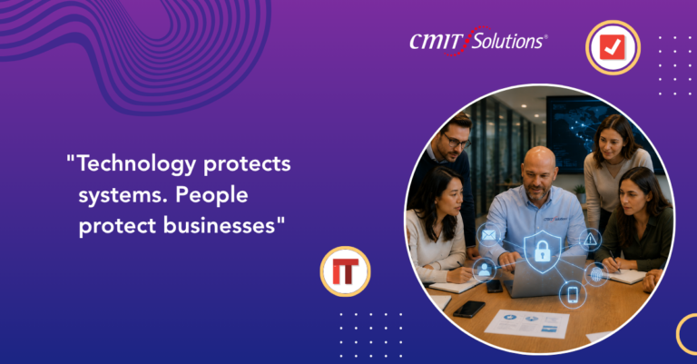 Group of colleagues gathered around a laptop with holographic security icons, beside the slogan “Technology protects systems. People protect businesses.”
