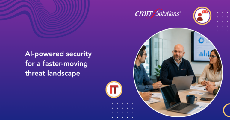 CMIT Solutions hero banner: team of professionals in a meeting discussing security around laptops on a purple gradient background with circular photo inset.