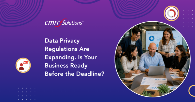 Team of professionals gathered around a laptop discussing data privacy regulations on a purple gradient banner.
