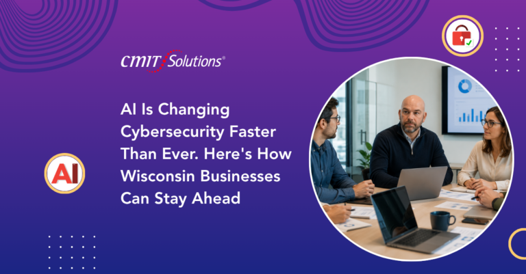 Hero banner for an article: AI changing cybersecurity and helping Wisconsin businesses stay ahead, with a round team meeting photo on the right.
