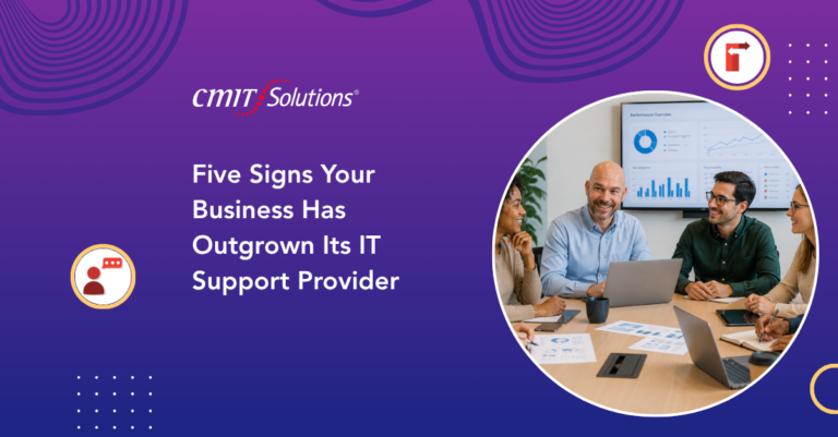 Hero banner with CMT Solutions logo and the headline 'Five Signs Your Business Has Outgrown Its IT Support Provider' beside a circular team photo on a purple gradient background.