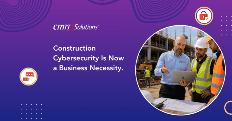 Construction professionals review cybersecurity strategy on a laptop at a construction site on a purple banner.