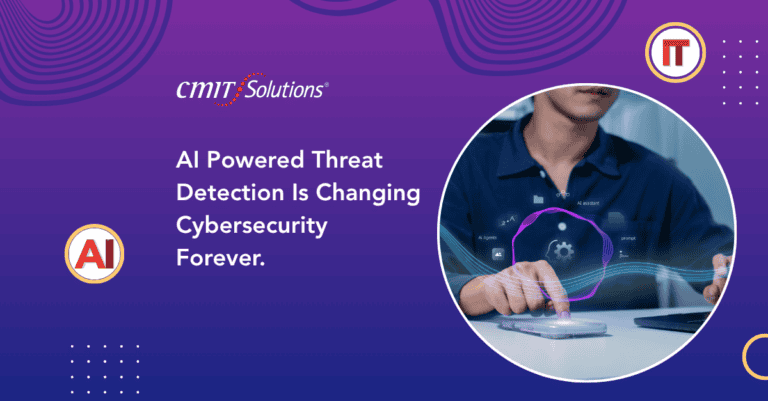 CMIT Solutions banner announcing AI-powered threat detection changing cybersecurity; circular tech image shows a person using a tablet with holographic icons and gear graphics.