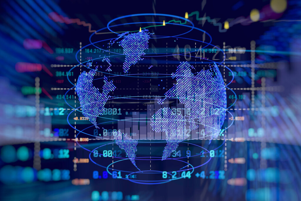 Blue holographic globe with orbital rings and floating numbers, symbolizing global data networks and analytics.