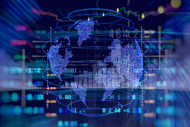 Blue holographic globe with orbital rings and floating numbers, symbolizing global data networks and analytics.
