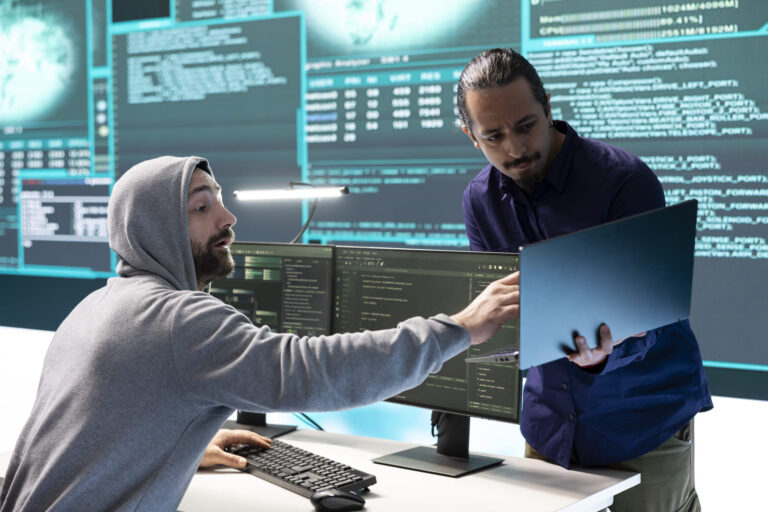 Two cybersecurity specialists reviewing code on dual monitors