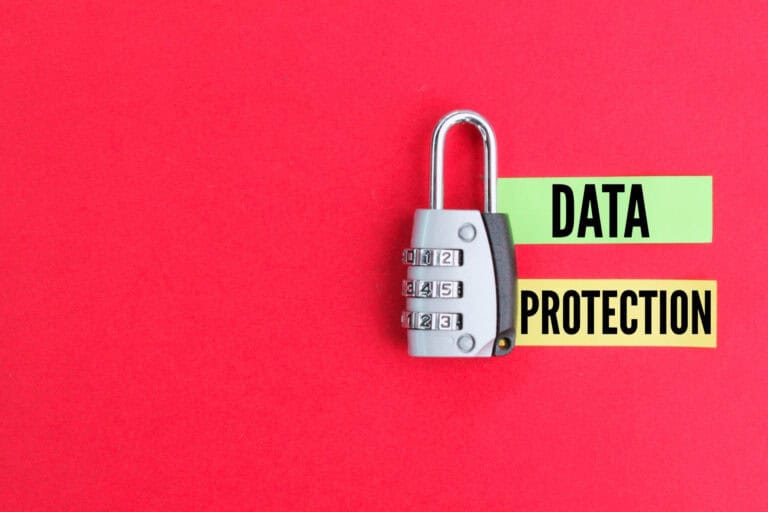 Combination padlock on red background with words data protection