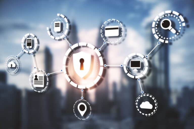 Abstract cybersecurity network: glowing shield with a keyhole at center, surrounded by connected icons.