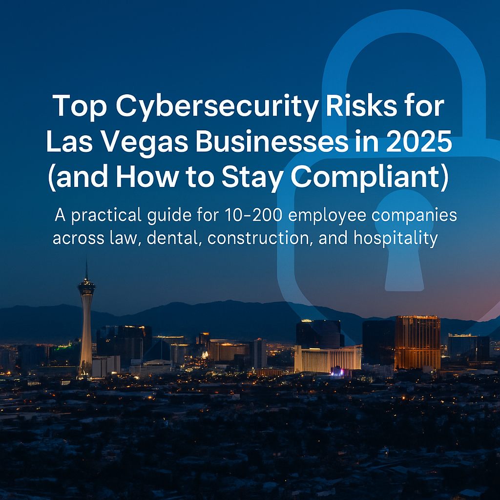 Las Vegas skyline at dusk with cybersecurity lock overlay