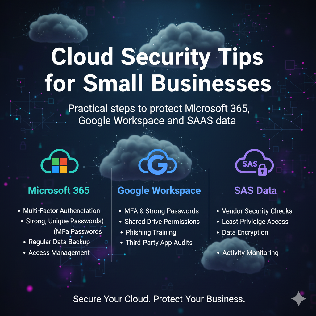 cloud security tips for small businesses; secure cloud icon with lock over abstract network background
