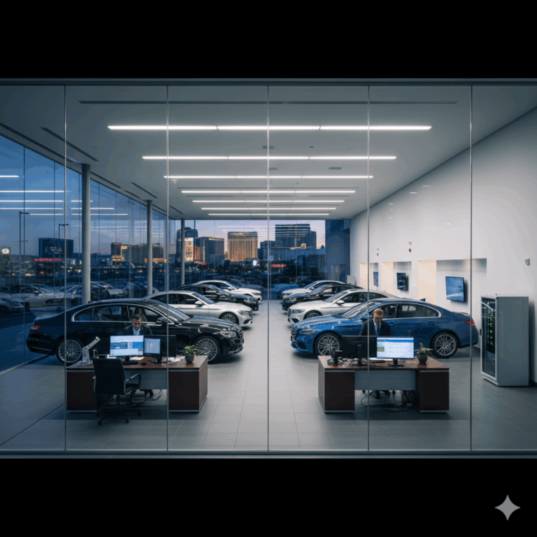 Modern car dealership showroom in Las Vegas with new vehicles, sales staff, and visible IT systems on desks