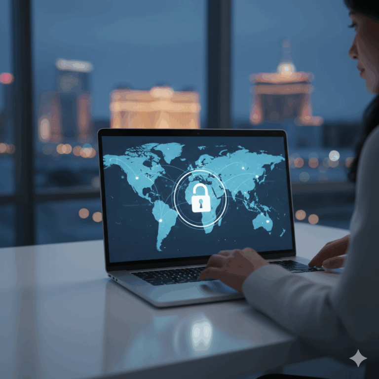 Business owner using a laptop with a secure VPN connection and digital lock icons over a world map