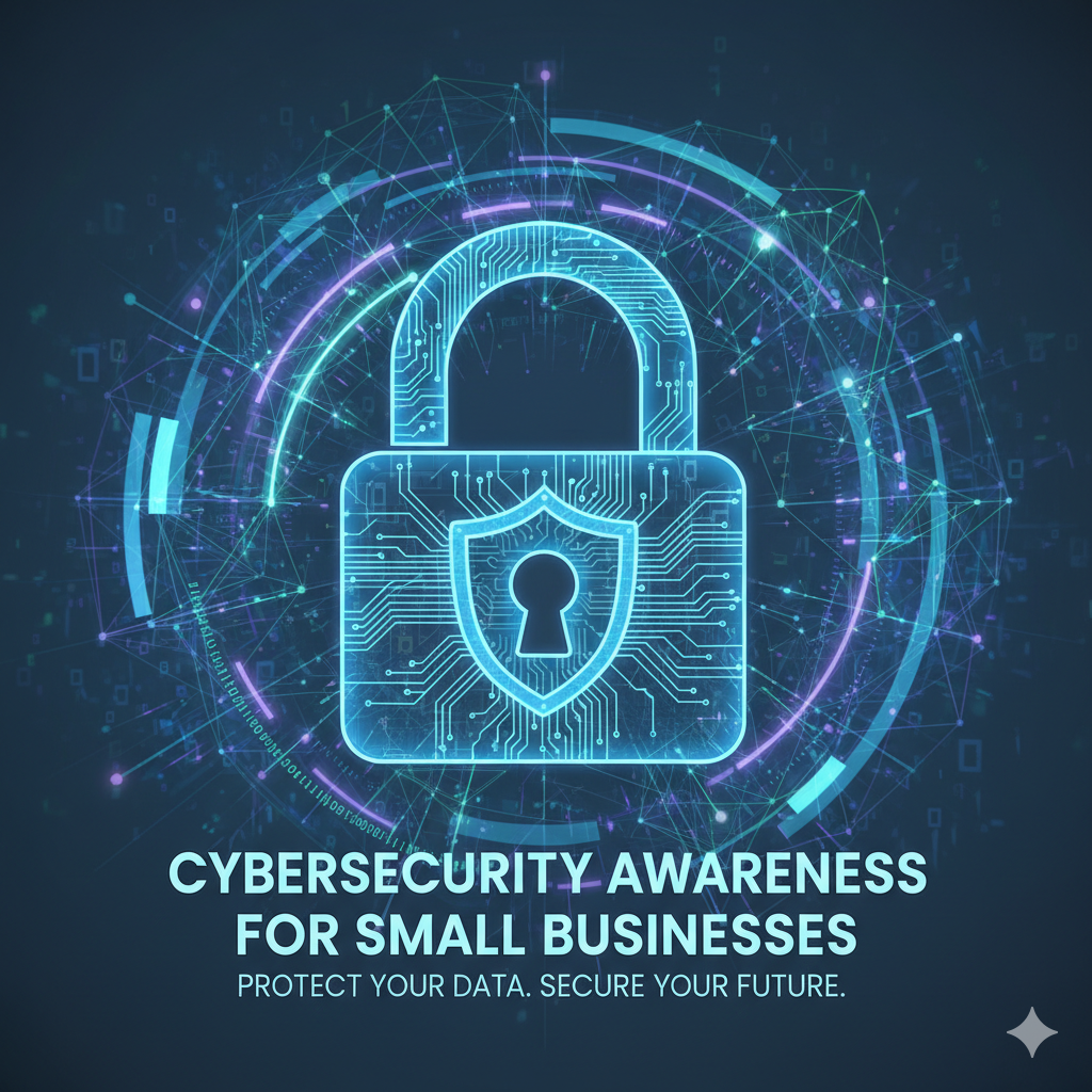 Cybersecurity awareness for small businesses; secure lock icon over abstract network background