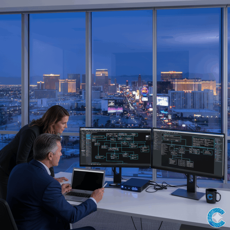 IT consultant in Las Vegas reviewing a network diagram with a small business team in a modern office