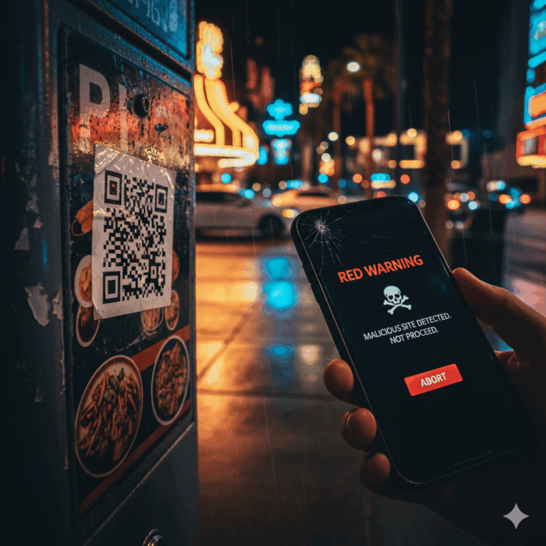 Malicious QR Code sticker on Las Vegas parking meter representing Quishing scam