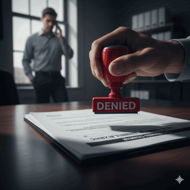 Insurance application stamped DENIED due to missing cybersecurity requirements like MFA