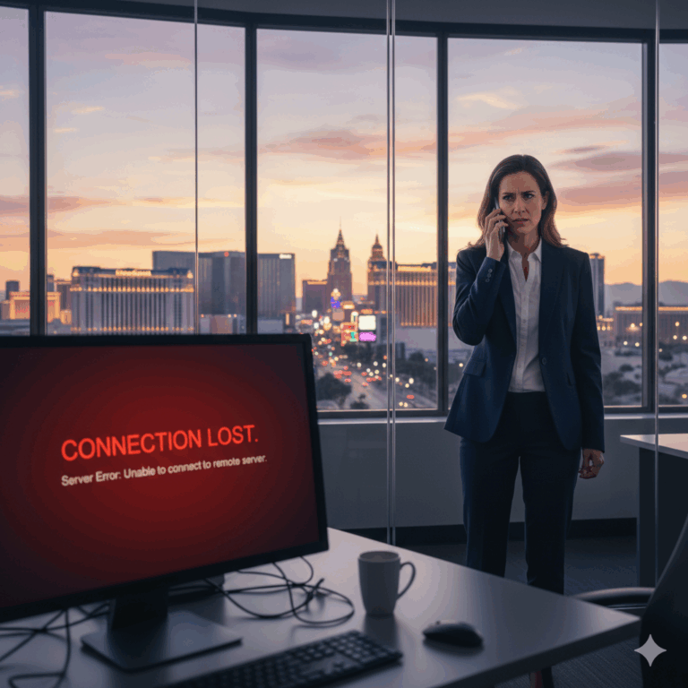 Frustrated business owner on phone during IT server outage in Las Vegas office