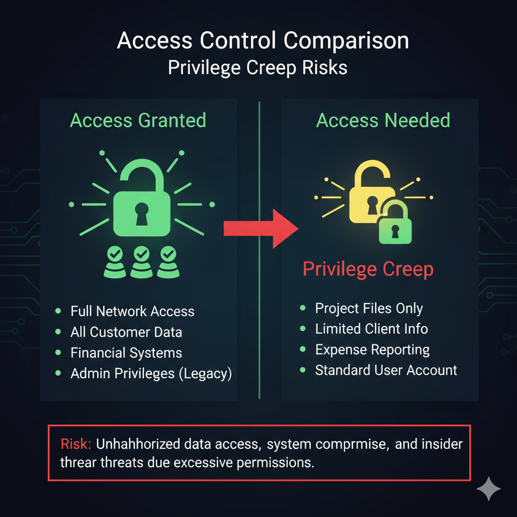 Access control gaps showing privilege creep in employee permissions