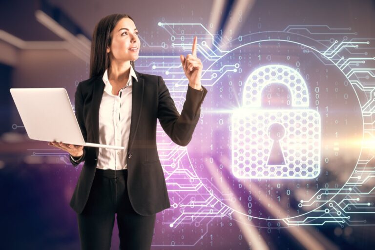 businesswoman-laptop-cybersecurity-lock-digital-interface