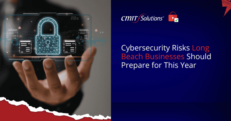 Hand holding a holographic security lock with data panels on the left; right side shows a blue gradient with the text 'Cybersecurity Risks Long Beach Businesses Should Prepare for This Year' and the CMT Solutions logo.