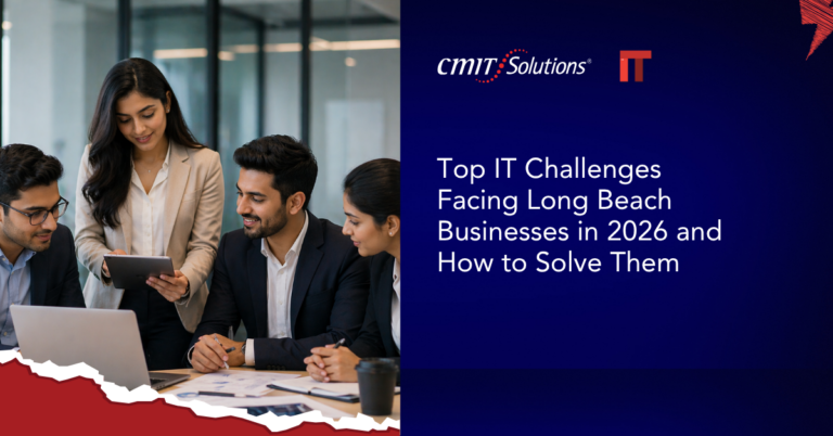 Team of four professionals gathered around a table with a laptop and tablet, while the right panel shows the headline 'Top IT Challenges Facing Long Beach Businesses in 2026 and How to Solve Them' with the CMT Solutions logo on a dark blue gradient background.