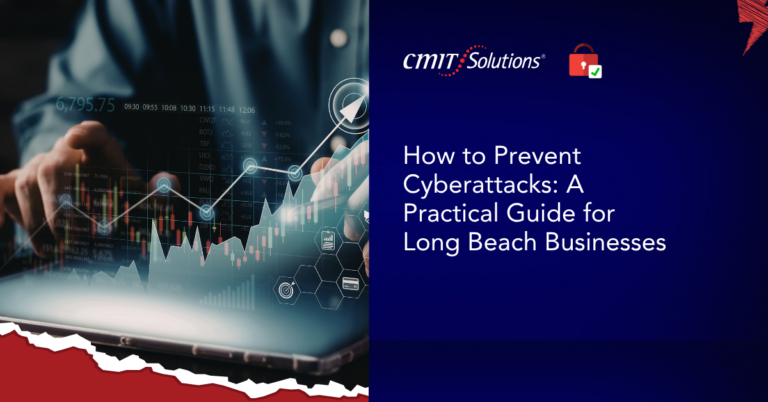 Left: hand touching a tablet displaying stock charts; right: CMIT Solutions cover with title 'How to Prevent Cyberattacks: A Practical Guide for Long Beach Businesses.'
