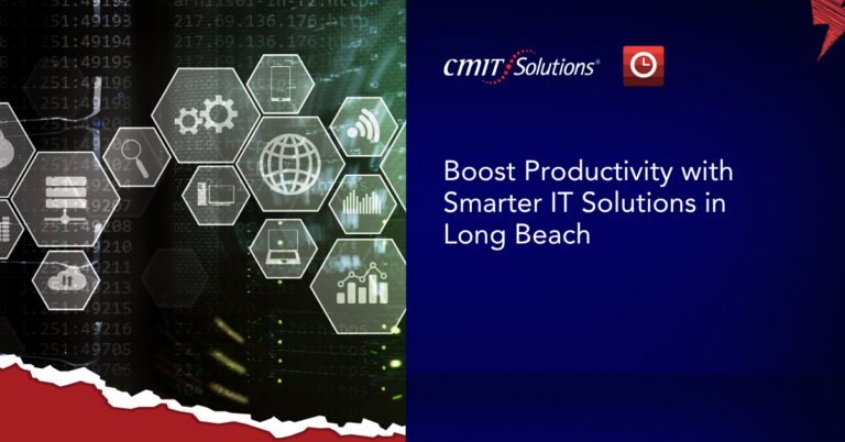 Technology-themed banner for CMIT Solutions Long Beach: hexagonal icons on the left and the slogan on a blue panel on the right.