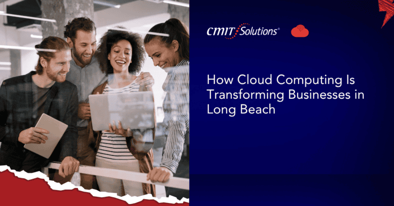 Diverse team of four gathered around a tablet in a modern office; article title about cloud computing transforming businesses in Long Beach.