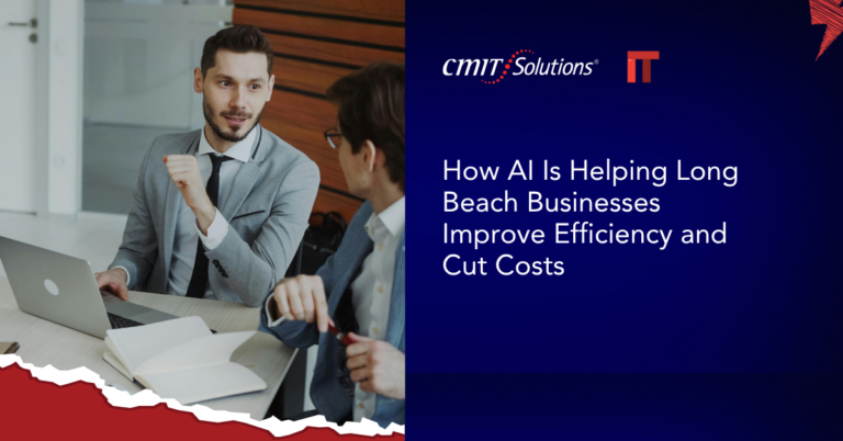 Two professionals discuss at a laptop on a conference table; right side shows a blue banner with the title about AI helping Long Beach businesses improve efficiency and cut costs.