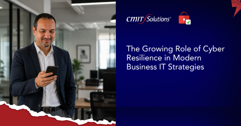 Businessman in a navy suit checks his smartphone in a modern office, with a blue CMIT Solutions hero panel about cyber resilience on the right.