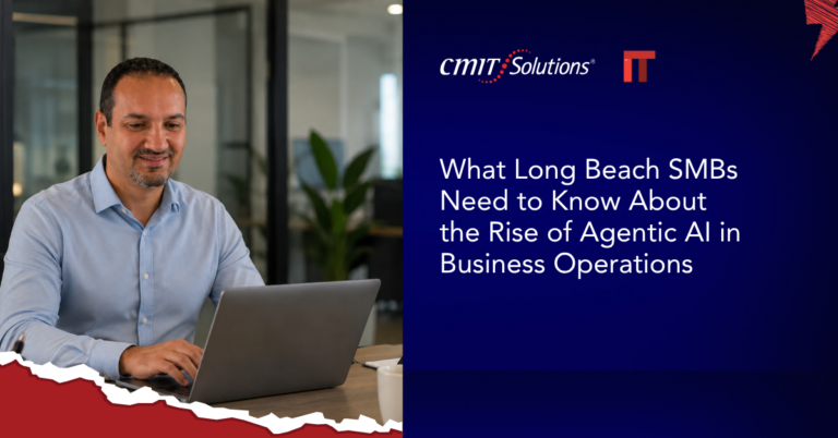 Man working on a laptop in an office beside a blue panel with the article title about agentic AI for Long Beach SMBs (CMIT Solutions branding).