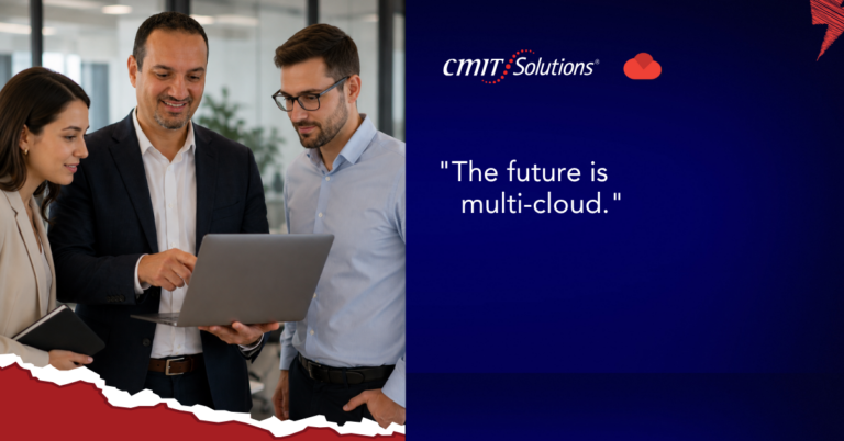 Three professionals review a laptop in a bright office, left side; CMIT Solutions multi‑cloud slogan on a dark blue gradient right side.