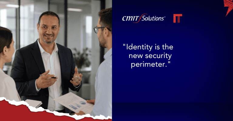 Two professionals discuss in a modern office on the left; on the right, a blue panel reads, 'Identity is the new security perimeter.'