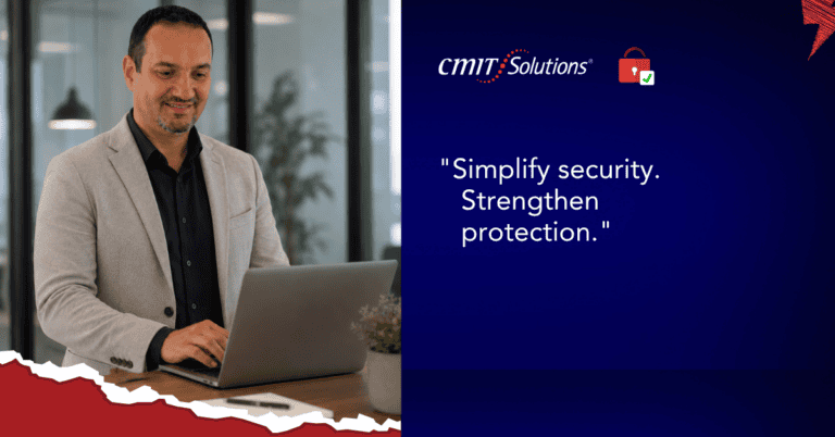 Man in a beige blazer using a laptop in an office; CMIT Solutions ad on the right with the slogan 'Simplify security. Strengthen protection.'