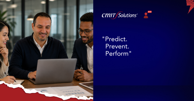 Three professionals gathered around a laptop in a glass-walled office; CMIT Solutions branding on a blue panel to the right.
