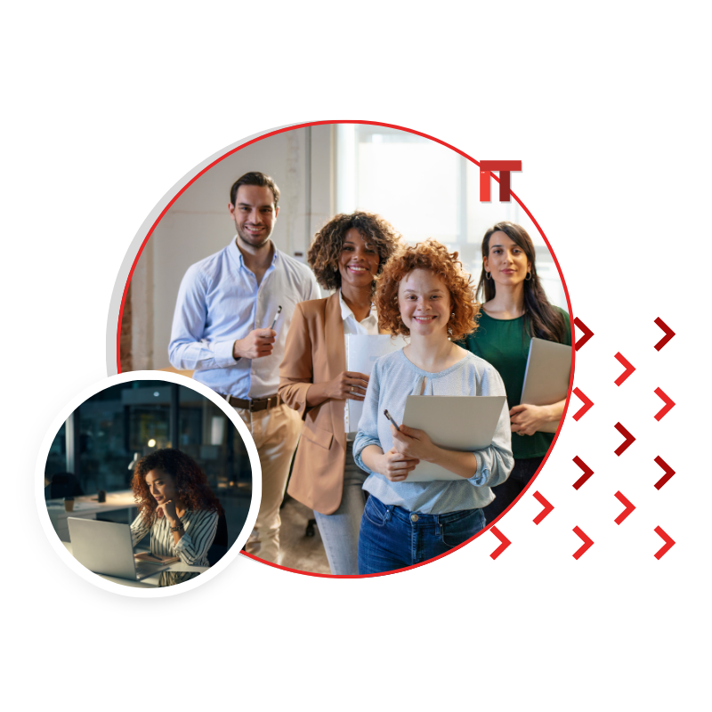 Diverse group of professionals posing in an office; circular inset shows a woman working on a laptop at night.
