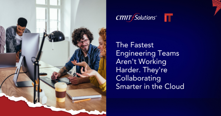 Team of diverse engineers collaborating at a wooden table with laptops; right panel shows a slogan about collaborating smarter in the cloud.