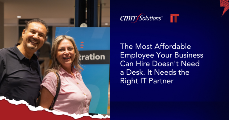 Two smiling adults stand at a registration area, left; a CMIT Solutions IT banner with the message about finding the right IT partner on the right.