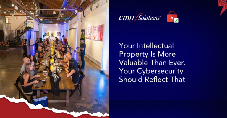 Left: guests dining at a long wooden table in an industrial venue; right: CMIT Solutions branding on dark blue with a padlock icon and a cybersecurity headline