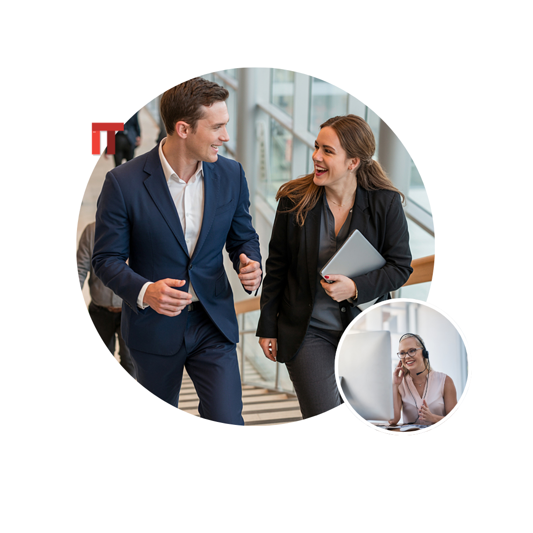 Two coworkers in business attire chat and walk together down a modern office corridor; a circular inset shows a headset-wearing woman at a computer.