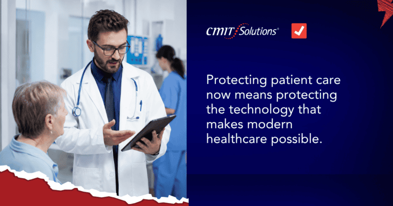 Doctor in a white coat shows a tablet to an elderly patient in a hospital corridor; right side features the slogan about protecting healthcare technology and the CMT Solutions logo.