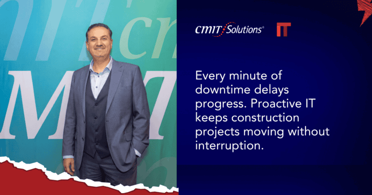 Businessman in a gray suit posed against a teal wall on the left, with a CMIT Solutions ad on the right about proactive IT for construction projects.