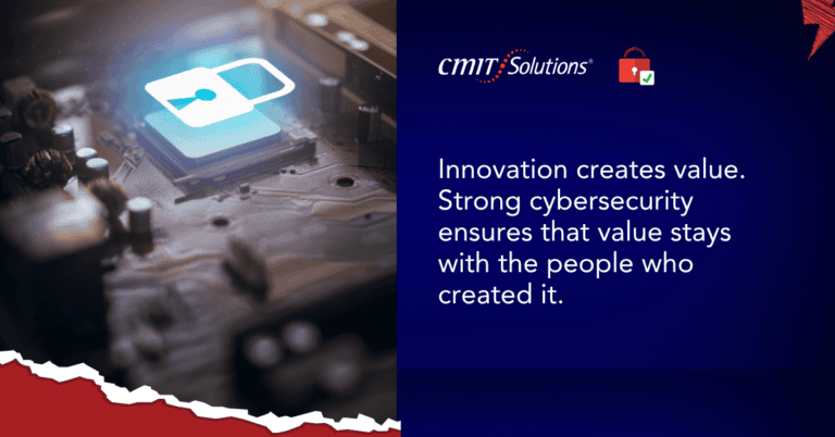 Close-up of a circuit board with a glowing lock icon, paired with CMIT Solutions’ blue banner and cybersecurity slogan.