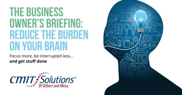 Image text says: The Business Owner's Briefing: Reduce the burden on your brain - Focus more, be interrupted less, and get stuff done. Logo of CMIT Solutions of Gilbert and Mesa