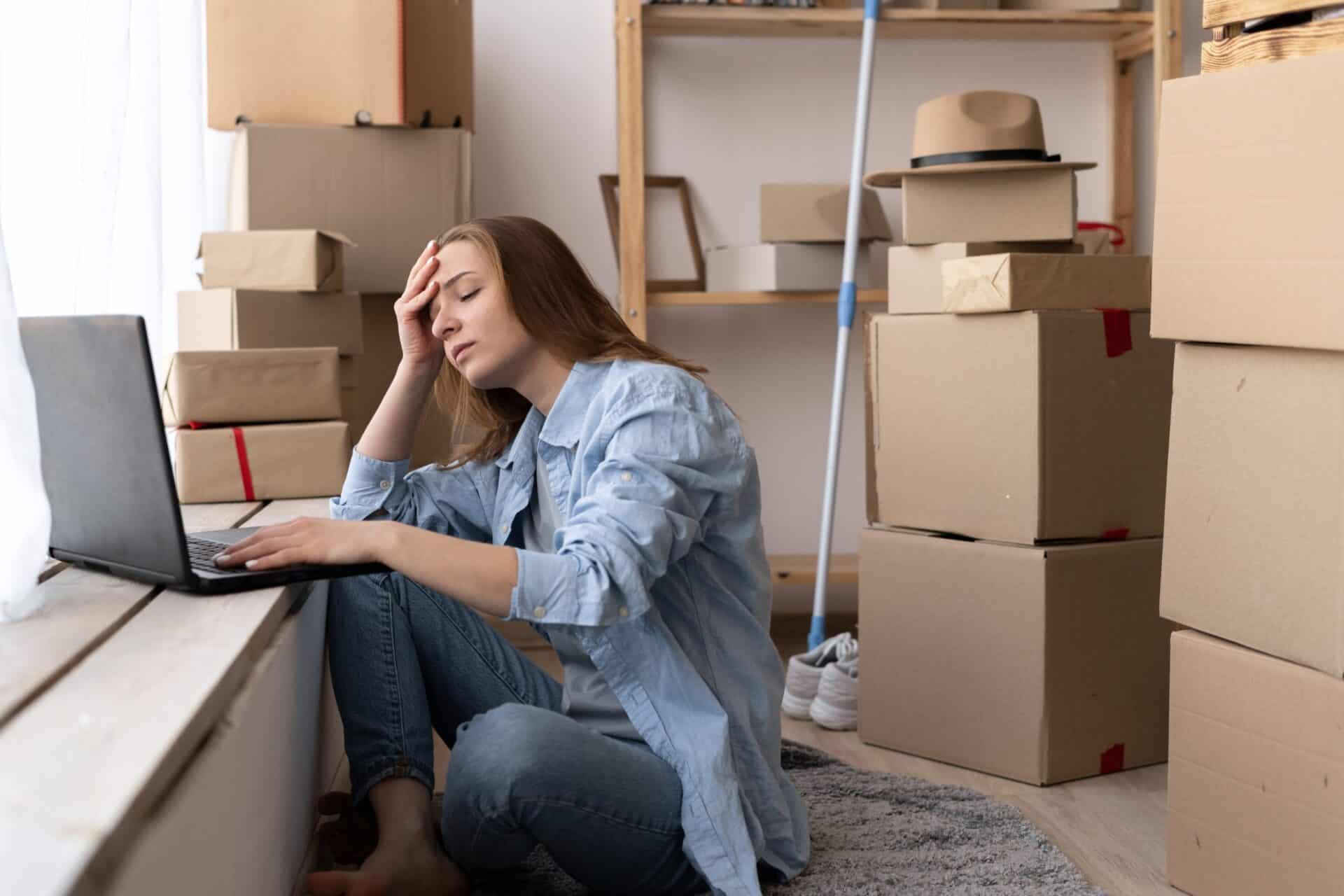 Photo of a woman sitting on the floor with a laptop computer surrounded by moving boxesr